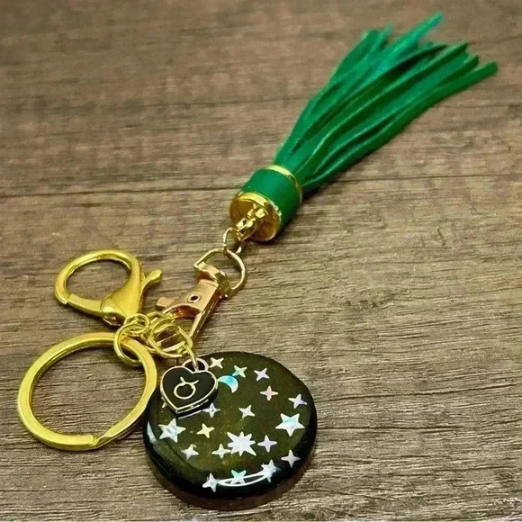 Accessories - Hand Crafted Medallion Taurus Charm and Emerald Tassel Gold Tone Keychain